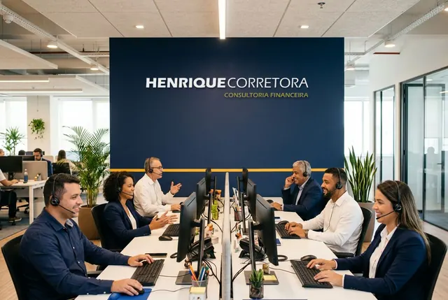 Central de atendimento da Henrique Corretora com o logo da empresa na parede e consultores com headset