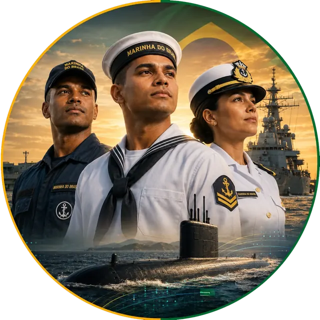 Militares da Marinha do Brasil com submarino e navio ao fundo